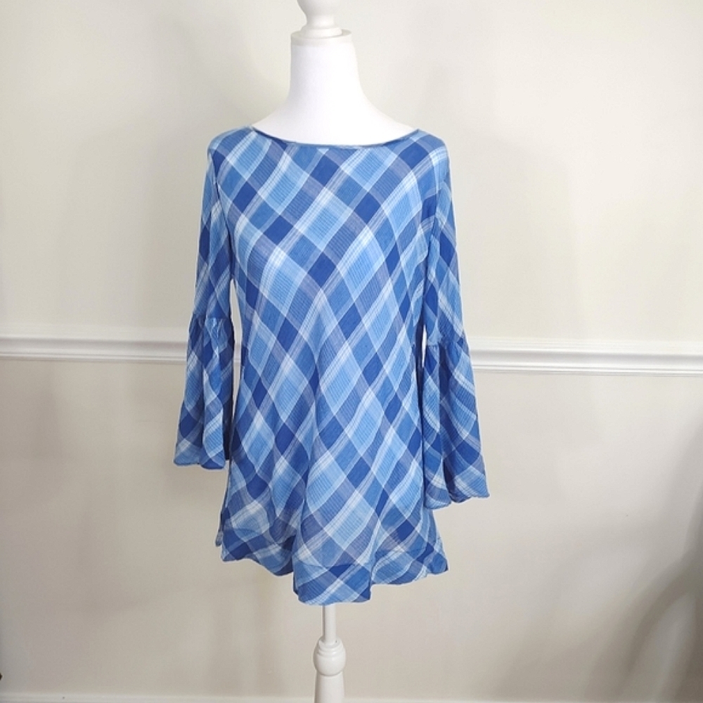 Lauren Ralph Lauren 100% Cotton Bell Sleeved Light Blue Plaid Blouse Size M - Picture 5 of 10
